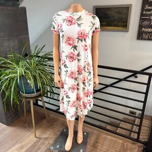 Reb & J 220 Floral Peony Swing Dress White Pink Midi Boutique Cottagecore Medium